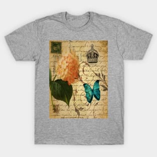 vintage french butterfly hydrangea floral botanical art T-Shirt